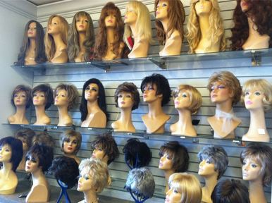 Large selection of synthetic wigs and hairpieces
